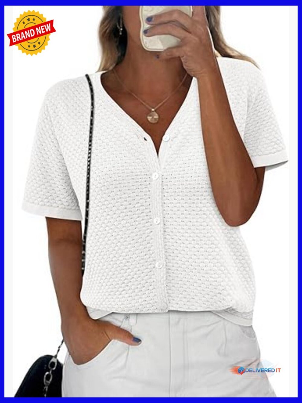 Short Sleeve Knit Top with Buttons V-Neck Crochet Layering Cardigan